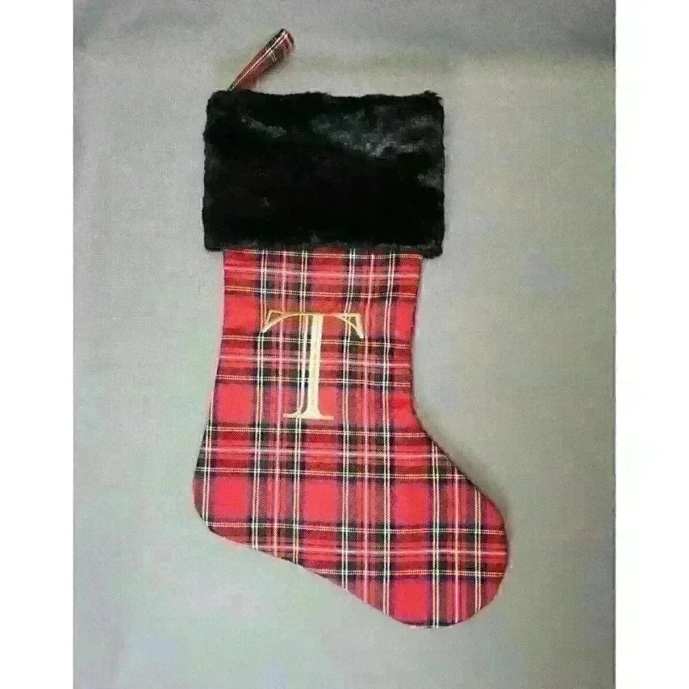 Monogram Initial Letter T Red Plaid & Faux Fur Christmas Stocking 19" Holiday